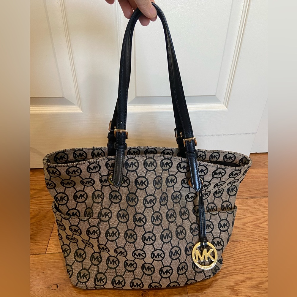 Michael Kors Jet Set MK Logo Jacquard Tote with Black Leather Straps